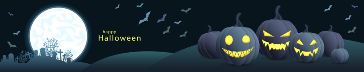 Pumpkins with glowing faces on a dim night background, a graveyard on the horizon and a full moon. Happy Halloween, vector illustration in grey-blue colors. Banner with pumpkin lanterns on the hill