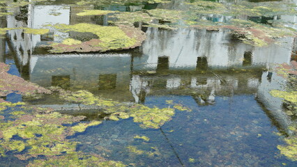 The beautiful old Chinese village view with the reflection view in water in the countryside of the China