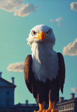 3D rendered American Bald Eagle with cute kawaii look like modern animation. Computer generated patriotic American bird. Official mascot of the United States