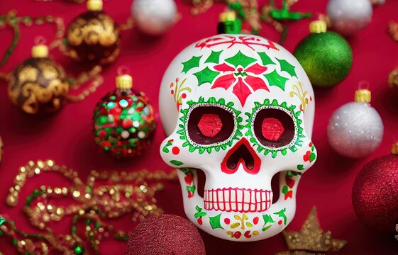 3D rendered  Christmas Calavera with cute kawaii look like modern animation. Computer generated Traditional Sugar Skull with a Christmas holiday twist