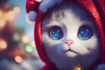 3D Rendered cat wearing a Santa hat for the 2022 Christmas holiday season. Traditional Santa red and white hat with modern kid-friendly animation style. Bright and colorful seasonal 2022 special ed