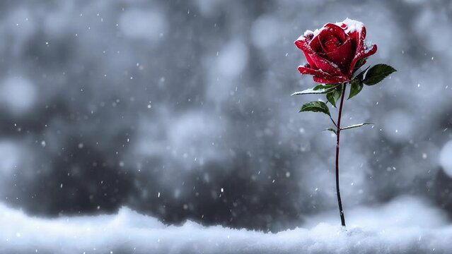 A computer generated animation of a single red rose stem growing up through snow against a blurred winter background with snow falling in a seamless loop, 3D illustration, right. A.I. generated art.
