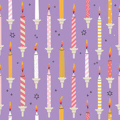 Fototapeta na wymiar Colorful birthday candles seamless pattern. Hand drawn Infant age candles. Baby shower gifts decoration vector. Design for print, textile, greeting card or wrapping paper