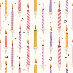 Fototapeta na wymiar Set of 3 colorful birthday candles seamless patterns. Hand drawn Infant age candles. Baby shower gifts decoration vector. Design for print, textile, greeting card or wrapping paper.
