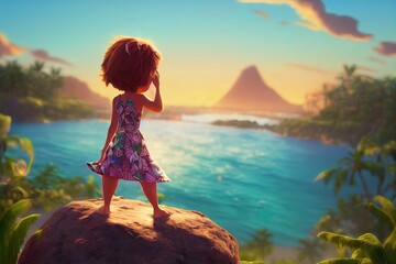 3D rendered Hawaiian Hula Girl with cute kawaii look like modern animation. Computer generated tropical island paradise, beach, gorgeous view of Hawaii and native islander hula girl