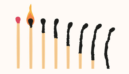 Burning match animation. Burn matches stages, burned flame matchstick row wood ignition flammable stick animated gif loading combustion blow fire, isolated neat vector illustration of animation burn