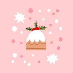 Christmas Mince Pie Pie. Christmas pudding with holly berries and poinsettia isolated on a pink background. Christmas festive traditional food. Festive dishes for winter holiday meal. 