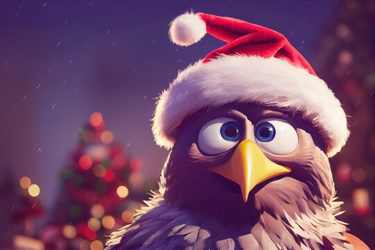 3D Rendered eagle wearing a Santa hat for the 2022 Christmas holiday season. Traditional Santa red and white hat with modern kid-friendly animation style. Bright and colorful seasonal 2022 special ed