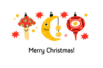 Christmas toys: balls, moon and mushroom. Cute Christmas card.Cartoon Hand Drawn Vector illustration.Traditional new year celebration accessories on white background.Different shapes new year 