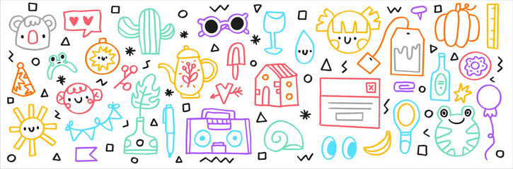 Cute childish linear bright doodle illustration. Vector baby.Doodle koala,  boy, sun, glass, cacti, radio, kettle. Perfect for wrapping paper, printing on the fabric, design package and cover for kid