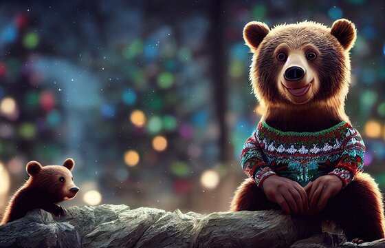 3D Rendered Christmas Bear With Cute Kawaii Look Like Modern Animation. Computer Generated Teddy Bear Wearing An Ugly Christmas Sweater To Celebrate The Winter Holiday Season