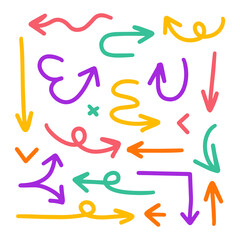 Collection hand drawn arrows. Set bright colourful simple arrows isolated on white background. Arrow mark icons. Arrow paint - stock vector.