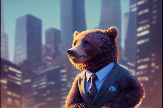3D rendered Wall Street Bear with cute kawaii look like modern animation. Computer generated anthropomorphized bear to symbolize stock markets going down in a bear market