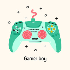 Old vintage retro game console electronic, cute funny vector illustration. Green console with buttons. 90s video game console digital pocket game. Kawaii hand draw illustration. © Alesia