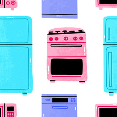 Obraz premium Hand drawn illustration cooking tools. Actual vector drawing. Kitchen seamless pattern.Kitchen furniture in cartoon style. Fridge, gas stove, dishwasher