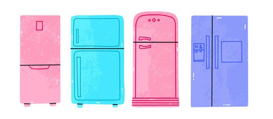 Set of hand draw bright fridges of various size isolated on white background vector illustration. Retro fridge set, kitchen equipment. Refrigerator to keep cool,appliance to store food and drink fresh