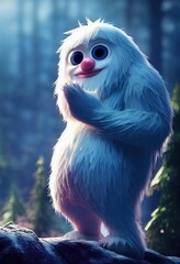 3D Rendered Yeti (Abominable Snowman) the mythical winter sasquatch with white fur that stalks the woods during the snowy seasons. Realistic fur with a modern animation look for the winter holidays - obrazy, fototapety, plakaty