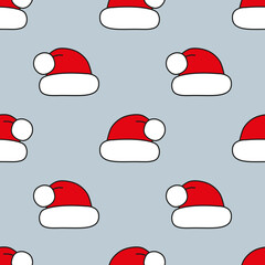 Seamless vector pattern. Red Christmas hats on grey. Christmas background for festive designs, textile print, wrapping, paper decorations, decors, banners, cards, and invitations.