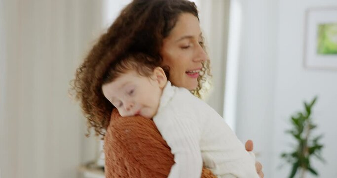 Love, support and mom with newborn for comfort in home with burping gas for maternity and digestion. Motherhood, baby and care of mama with calm and bloated infant resting on parent in family home.