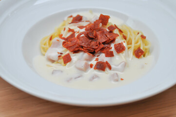 pasta or spaghetti , spaghetti carbonara or pasta carbonara