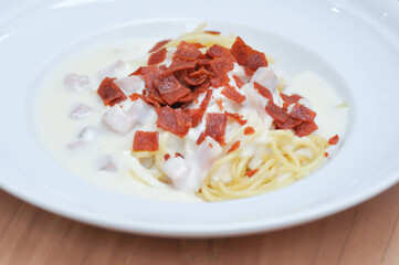 pasta or spaghetti , spaghetti carbonara or pasta carbonara
