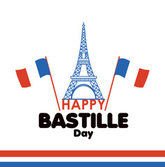 Colored happy bastille day poster with eiffel tower landmark Vector