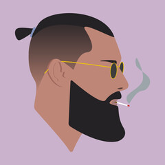 Silhouette. Face. Guy with glasses. Male head in glasses with top knot hair on blue background. Flat illustration of face. Head icon. Silhouette of a bearded man. Guy avatar. Smoking guy.