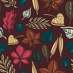 Naklejka premium Colorful seamless fall autumn pattern with outlines strokes leafs and forest gifts