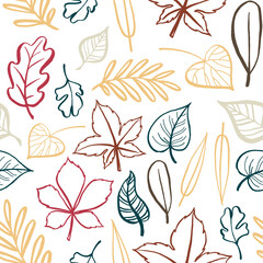 Fototapeta na wymiar Colorful seamless fall autumn pattern with outlines strokes leafs and forest gifts