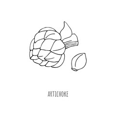 Mediterranean diet foods black and white sketch artichoke isolated on white background 