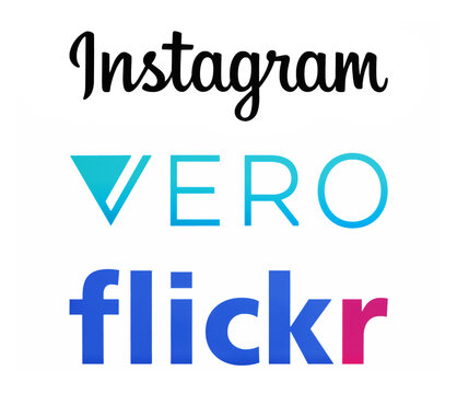Instagram, Vero and Flickr app icons on white background. Concept about news: Vero and Flickr are competitors of Instagram