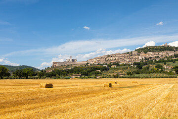 Fototapeta na wymiar Assisi village in Umbria region, Italy. The town is famous for the most important Italian Basilica dedicated to St. Francis - San Francesco.