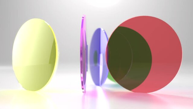 Colorful colored lenses rotate on a white background. 3d animation