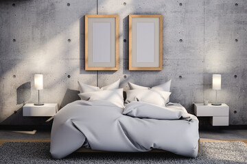 Bed and empty frames against concrete wall. 3d render