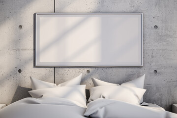 Blank picture hanging on concrete wall over soft bed in modern bedroom at home. 3d render