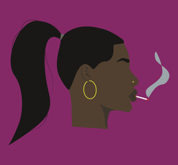 Silhouette. Portrait. Avatar. A black smoking girl. The girl's face. Silhouette. Portrait of a black girl. Flat illustration of a girl head. Sexy black woman. Black woman with ponytail hairstyle