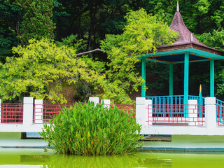 gazebo and bridge in the Japanese garden in the arboretum
