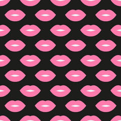 Sexy lips. Seamless vector pattern. Pink lips on a black background. Fashion pop art backdrop. For modern original designs, prints, textiles, fabrics, wallpapers, posters, textiles, wrappings.