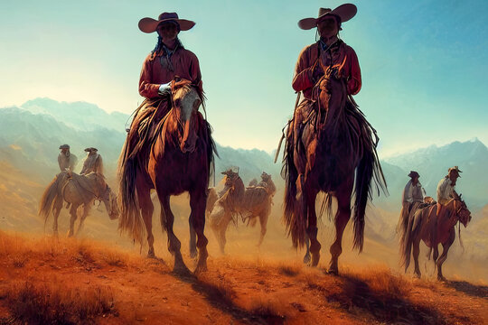 Two cowboys on horseback riding in the old west, landscape. Digital matte painting.
