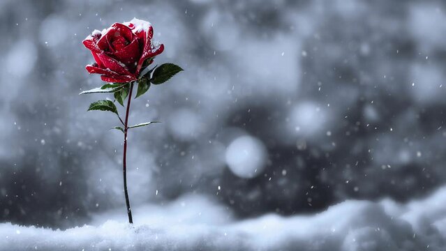 A computer generated animation of a single red rose stem growing up through snow against a blurred winter background with snow falling in a seamless loop, 3D illustration. A.I. generated art.
