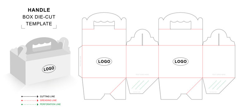Handle box die cut template with crush lock and 3D blank vector mockup for food packaging