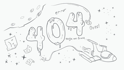 black and white page for the design of the web application error 404 big numbers space shuttle carries cable doodle style drawing