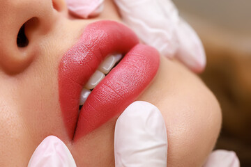 close-up of sexy lips of young models on which permanent lip makeup is performed, the master stretches the tips of the model's lips with his fingers - obrazy, fototapety, plakaty