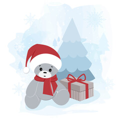 A teddy bear in a Santa Claus hat with a gift near the Christmas tree. Christmas greeting card. Vector