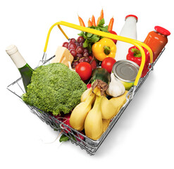 Close-up of fresh food in cart isolated on white background