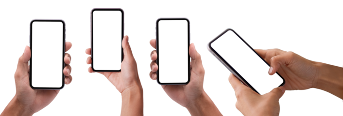 Hand holding phone PNG set with smartphone blank screen and modern frameless design, hold Mobile phone on transparent background Ideal for marketing, app design