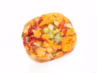 Meat and vegetables aspic, isolated. Poultry meat and veggies jelly product, sliced, packshot photo...