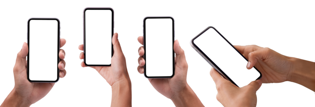 Hand holding phone PNG set with smartphone blank screen and modern frameless design, hold Mobile phone on transparent background Ideal for marketing, app design - Powered by Adobe