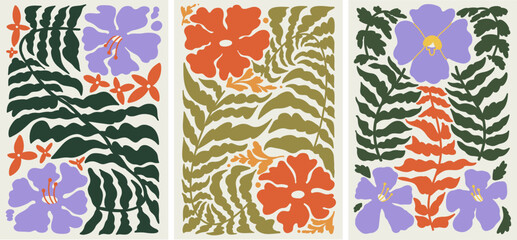 A Set of 3 Abstract Wavy Graceful Vector Floral Illustrations. Combination of Purple and Red Flower with Elegant Leaves. Art Nouveau Inspired Flower Illustration. Hand Drawn Illustration. 