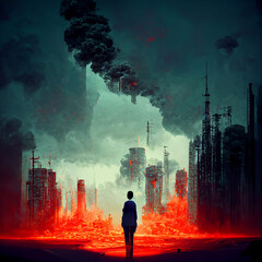man in the apocalyptic city, Burning city art 